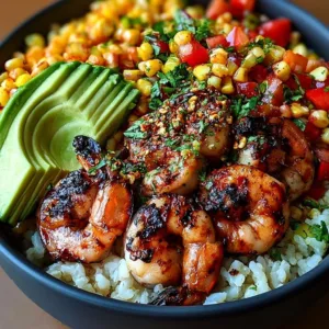 Easy grilled shrimp bowl with avocado served in a bowl