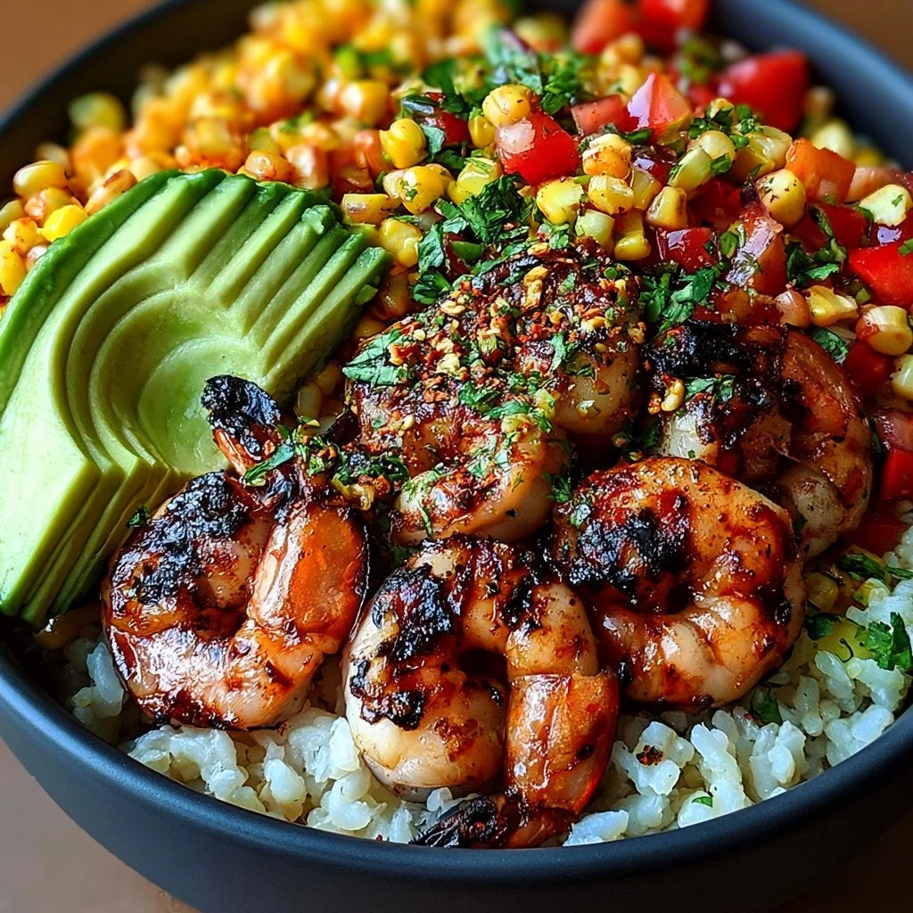 Easy grilled shrimp bowl with avocado served in a bowl