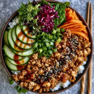 Easy Ground Chicken Bowl topped with fresh vegetables and spices