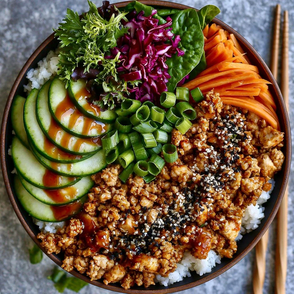 Easy Ground Chicken Bowl topped with fresh vegetables and spices