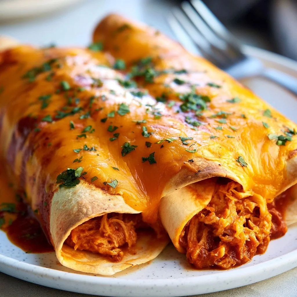 Plate of easy homemade chicken enchiladas topped with cheese and cilantro