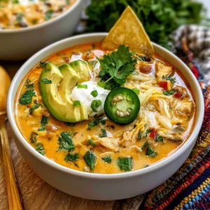 Bowl of easy homemade creamy chicken tortilla soup topped with crispy tortilla strips