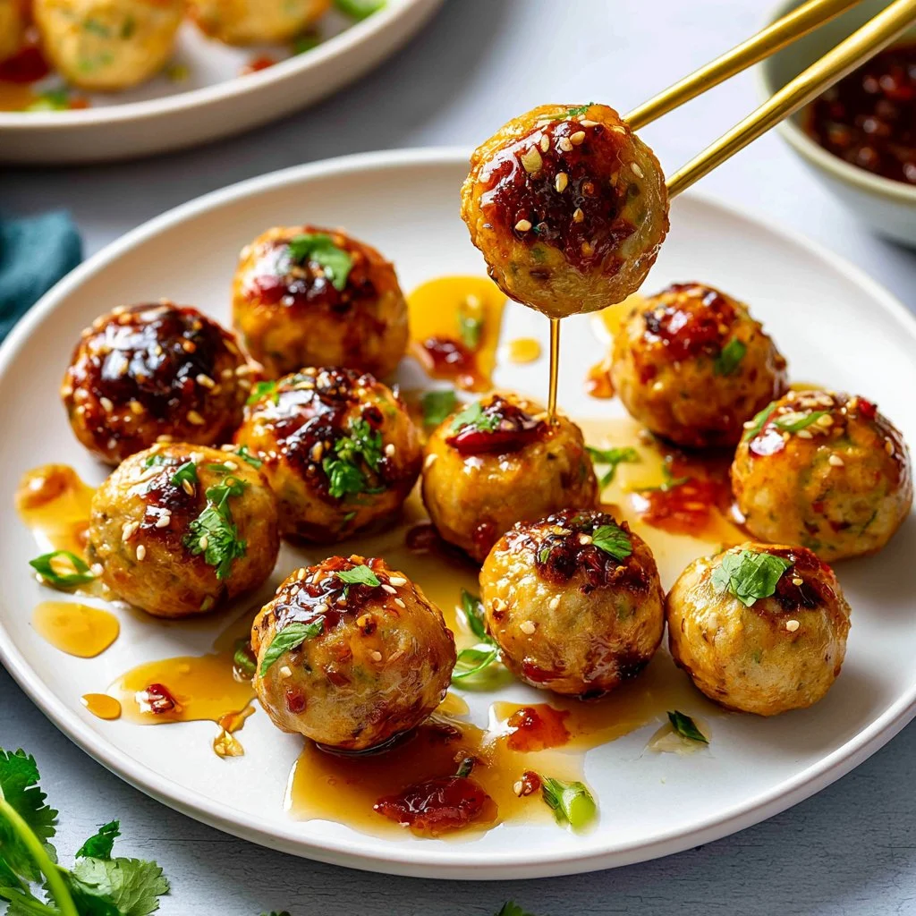 Delicious honey garlic chicken meatballs served in a bowl with garnish
