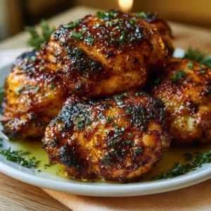 Juicy oven baked chicken thighs garnished with herbs on a plate