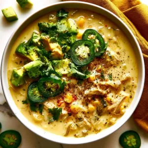 Bowl of easy white chicken chili topped with cilantro and jalapenos