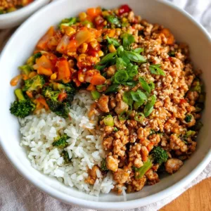 Firecracker Ground Chicken Bowl topped with fresh vegetables and spicy sauce.