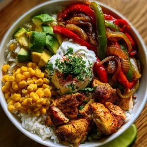 Flavorful chicken fajita rice bowl topped with fresh vegetables and spices