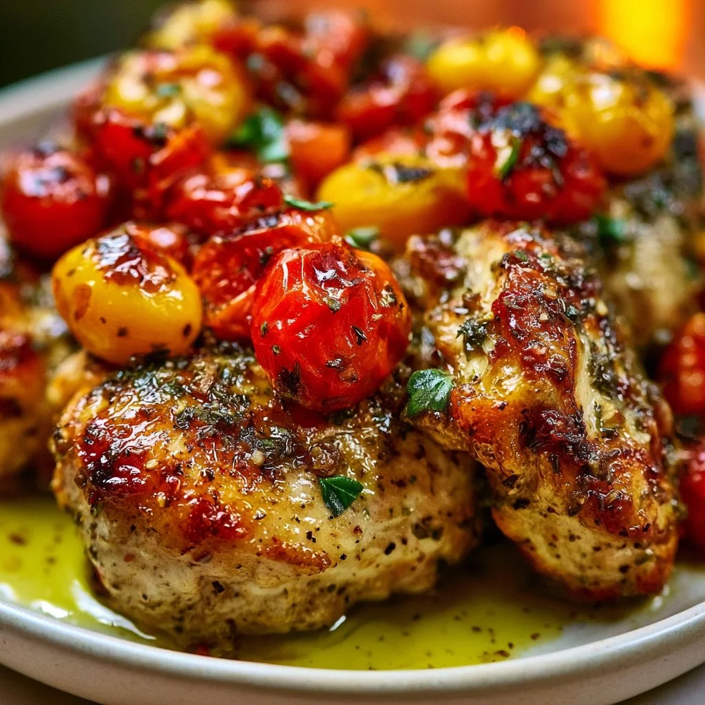 Delicious flavorful pesto chicken with vibrant herbs and spices