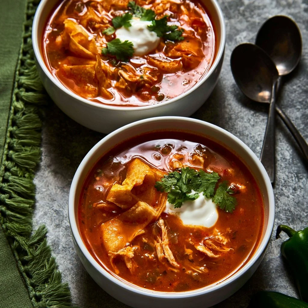 Bowl of freezer-friendly tortilla soup topped with cheese and tortilla strips