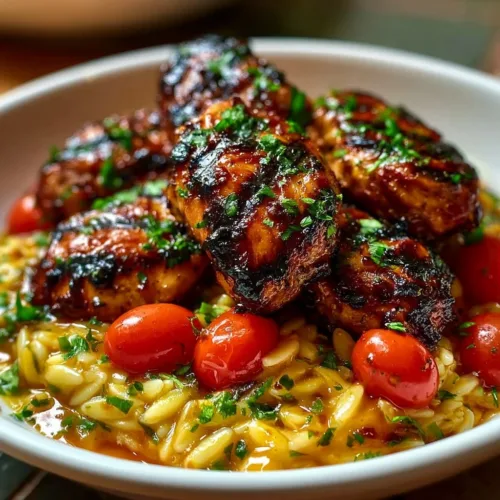 Garlic Herb Grilled Chicken served with orzo on a plate