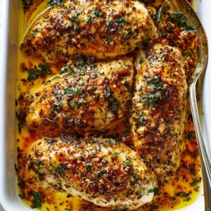 Baked Garlic Parmesan Chicken garnished with herbs and served with vegetables