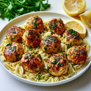 Plate of Greek Chicken Meatballs with Lemon Orzo and garnished with herbs.