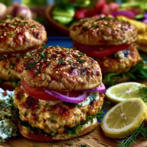 Juicy Greek Ground Chicken Burgers garnished with fresh herbs and feta cheese