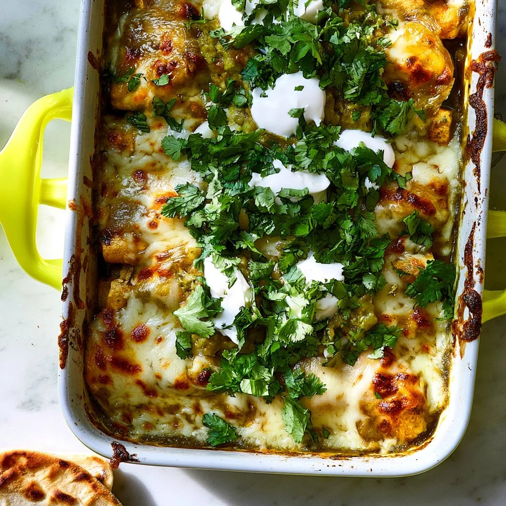 Plate of green chicken enchiladas topped with green sauce and cilantro