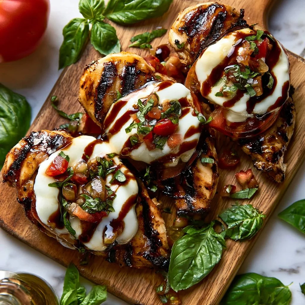 Delicious Grilled Chicken Caprese with basil, mozzarella, and tomatoes on a plate