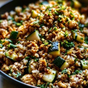 Ground chicken zucchini rice skillet topped with fresh herbs in a skillet