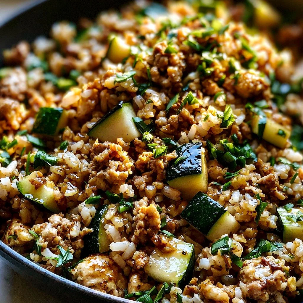 Ground chicken zucchini rice skillet topped with fresh herbs in a skillet