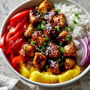 Delicious Hawaiian Chicken Bowl with tropical fruits and colorful veggies