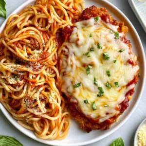 Healthy baked chicken parmesan garnished with fresh herbs and cheese.