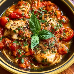 Healthy Chicken Pomodoro dish garnished with fresh basil and tomatoes.