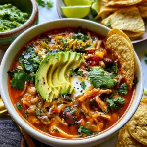 Bowl of healthy chicken tortilla soup topped with avocado and tortilla strips