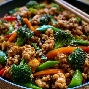 Healthy ground chicken stir fry with vegetables in a vibrant dish
