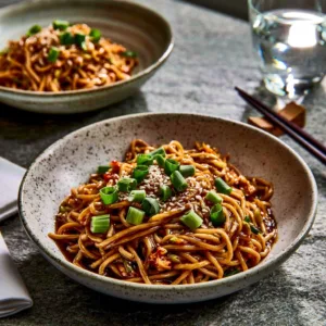 Healthy honey garlic chicken noodles served in a bowl with fresh vegetables