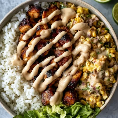 Healthy Street Corn Chicken Bowl featuring grilled chicken, corn, and fresh toppings.