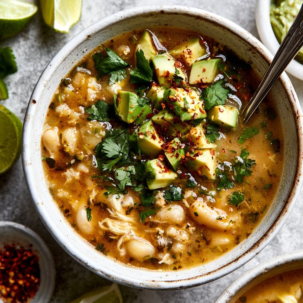 Bowl of Healthy White Bean Chicken Chili topped with herbs