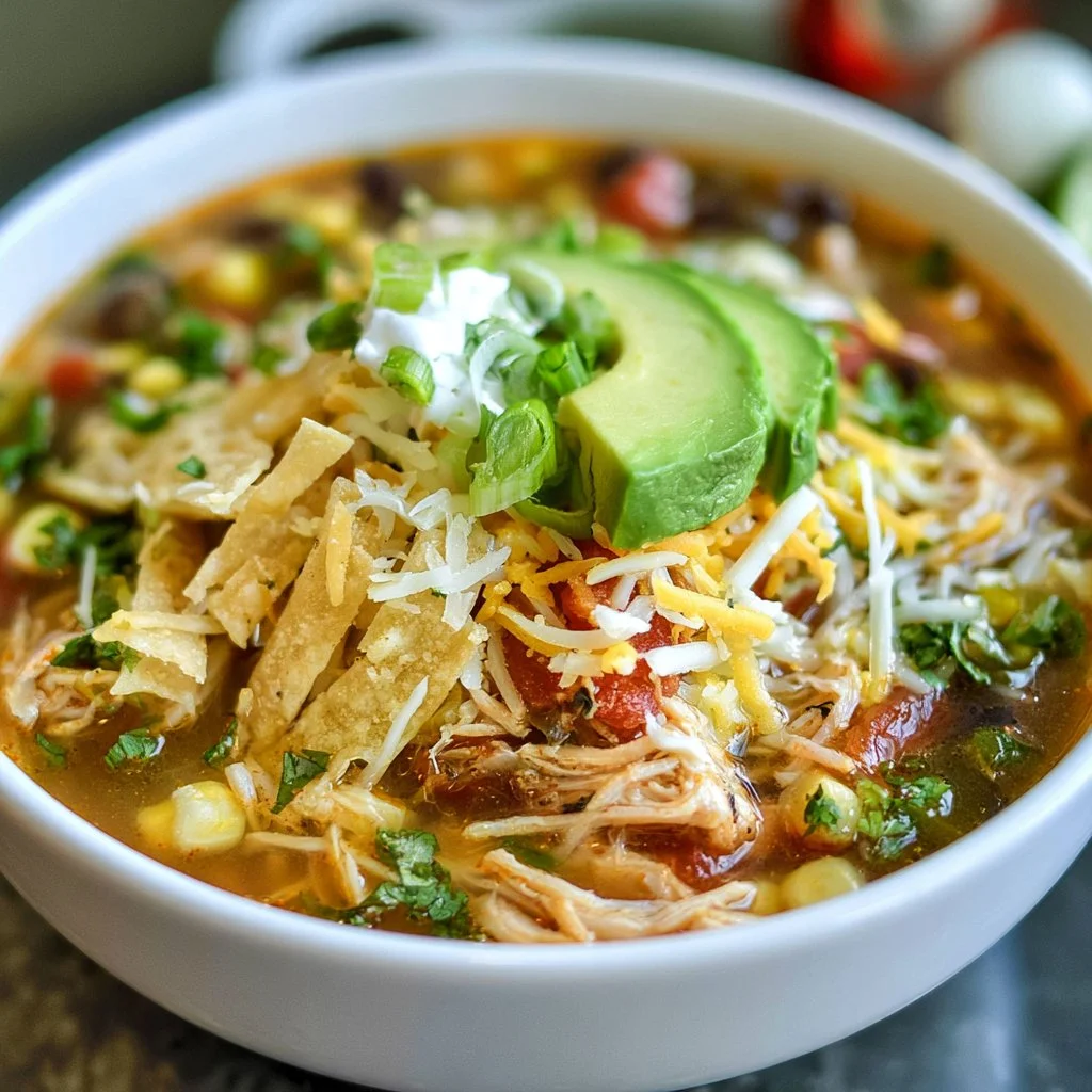 Bowl of high protein chicken tortilla soup with fresh toppings and vibrant colors