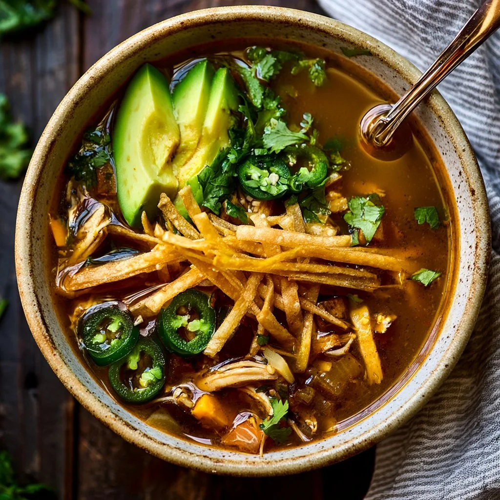 Bowl of homemade chicken tortilla soup garnished with tortilla strips and lime