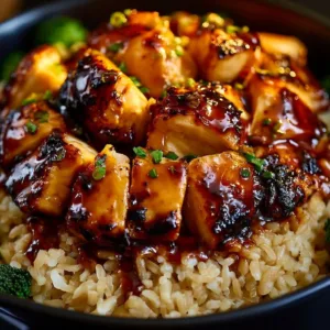 Honey BBQ Chicken served over a bed of rice garnished with herbs.