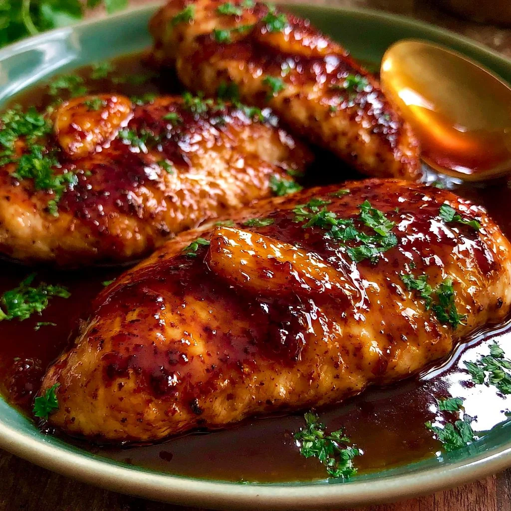 Honey Garlic Chicken Breast served with a side of vegetables
