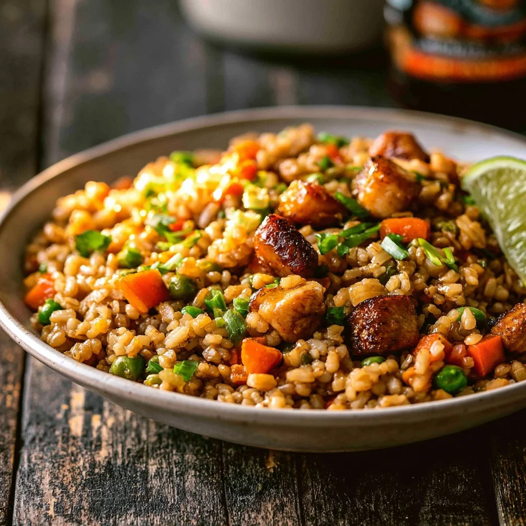 Delicious Honey Garlic Chicken Fried Rice served in a bowl