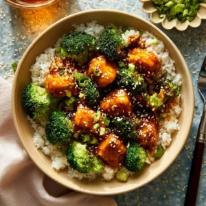Honey Garlic Chicken Rice Bowls with vibrant vegetables and rice in a bowl