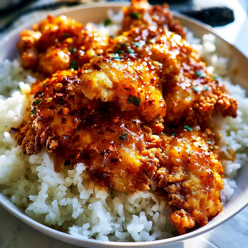 Crispy Honey Garlic Chicken Tenders served with a side of dipping sauce