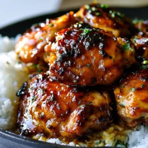 Honey Garlic Chicken Thighs served on a plate with garnish.