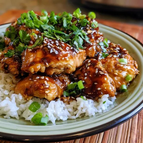 Honey Garlic Crockpot Chicken dish served with rice and vegetables