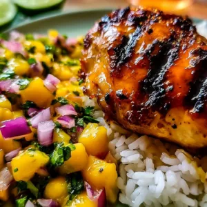 Delicious Honey Lime Chicken served with fresh Mango Salsa on a plate