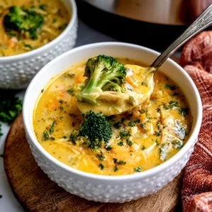 A bowl of creamy Instant Pot broccoli cheddar chicken soup with fresh toppings.