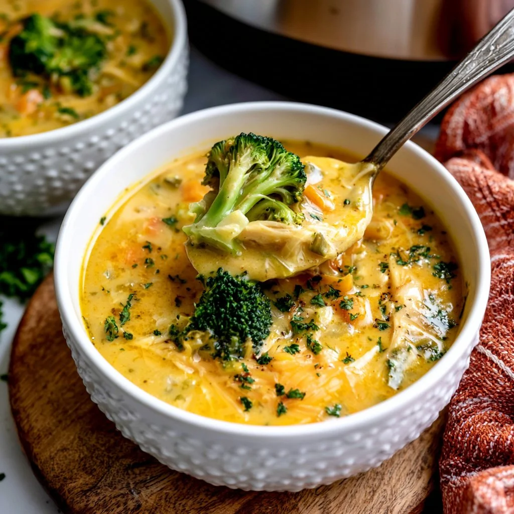 A bowl of creamy Instant Pot broccoli cheddar chicken soup with fresh toppings.
