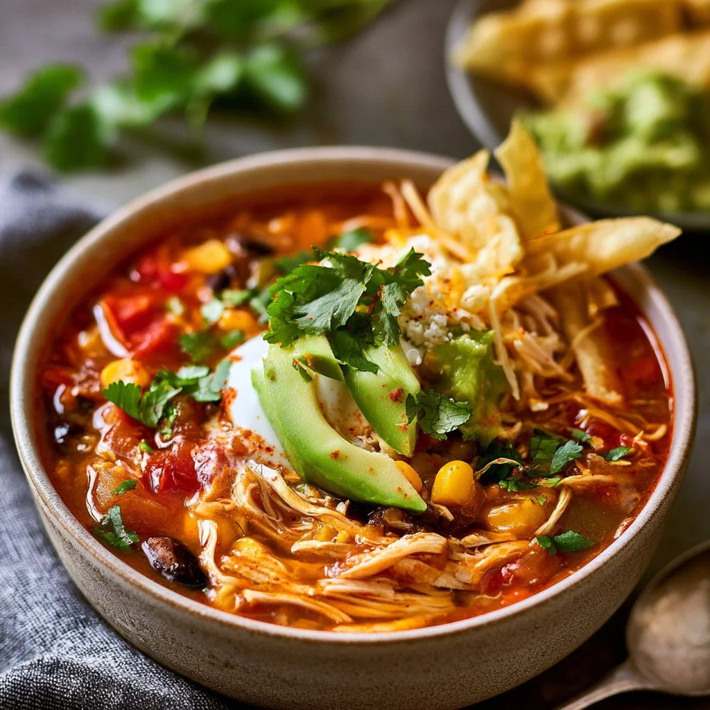 Bowl of easy Instant Pot chicken tortilla soup with toppings