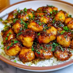 Delicious juicy honey garlic chicken garnished with herbs and served with sides.