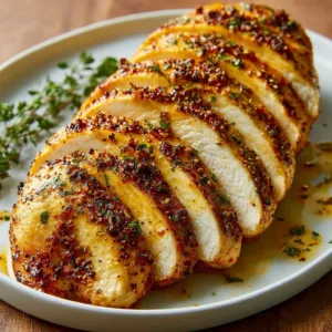 Juicy oven baked chicken breast served with herbs and spices