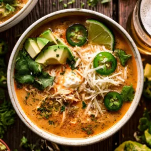 Bowl of Keto Chicken Tortilla Soup garnished with avocado and cilantro