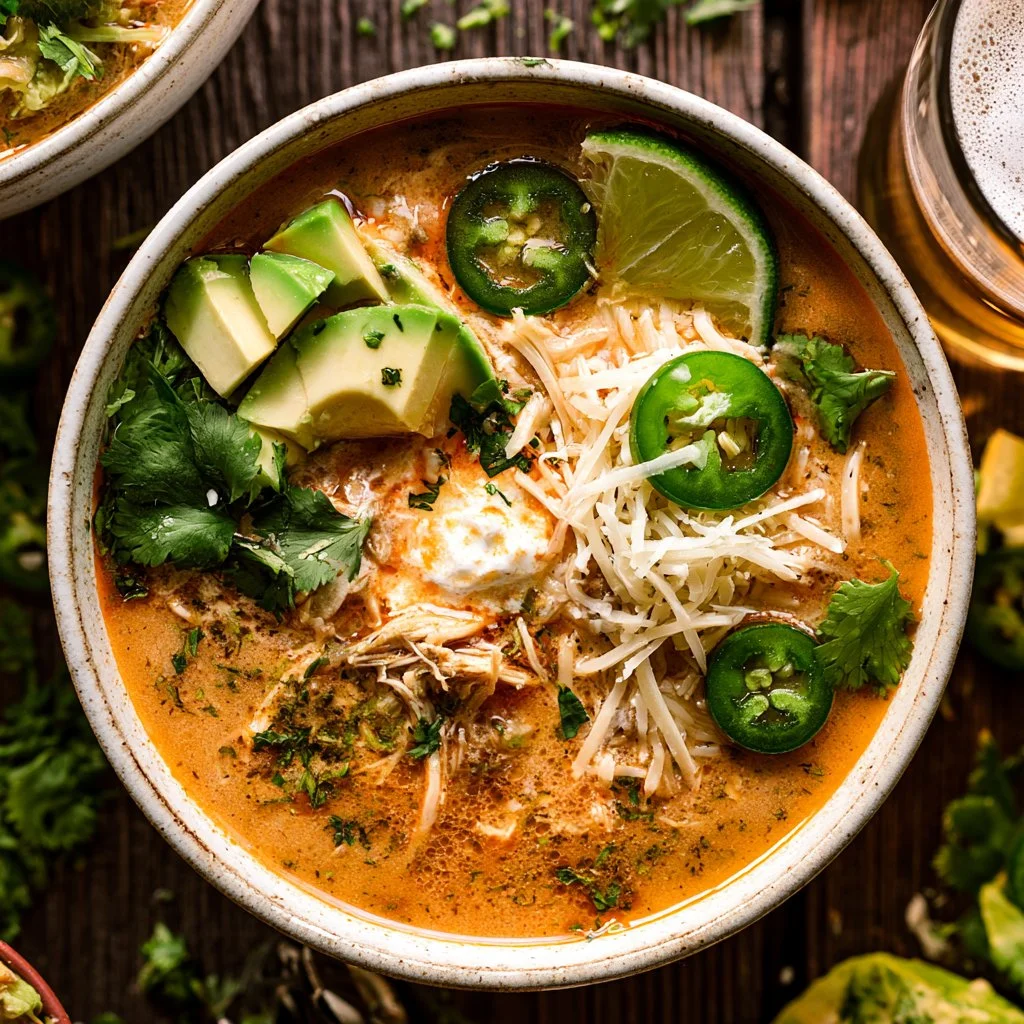 Bowl of Keto Chicken Tortilla Soup garnished with avocado and cilantro