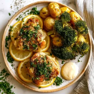 Lemon Garlic Chicken served with fresh herbs and lemon slices on a plate