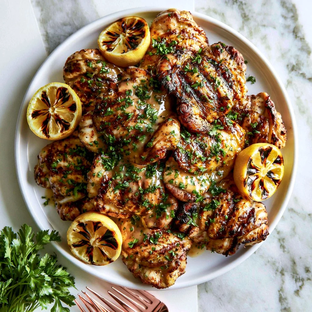 Flavorful Lemon Garlic Chicken Thighs on a plate garnished with herbs