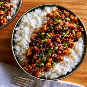 Low carb firecracker ground chicken dish served with fresh vegetables