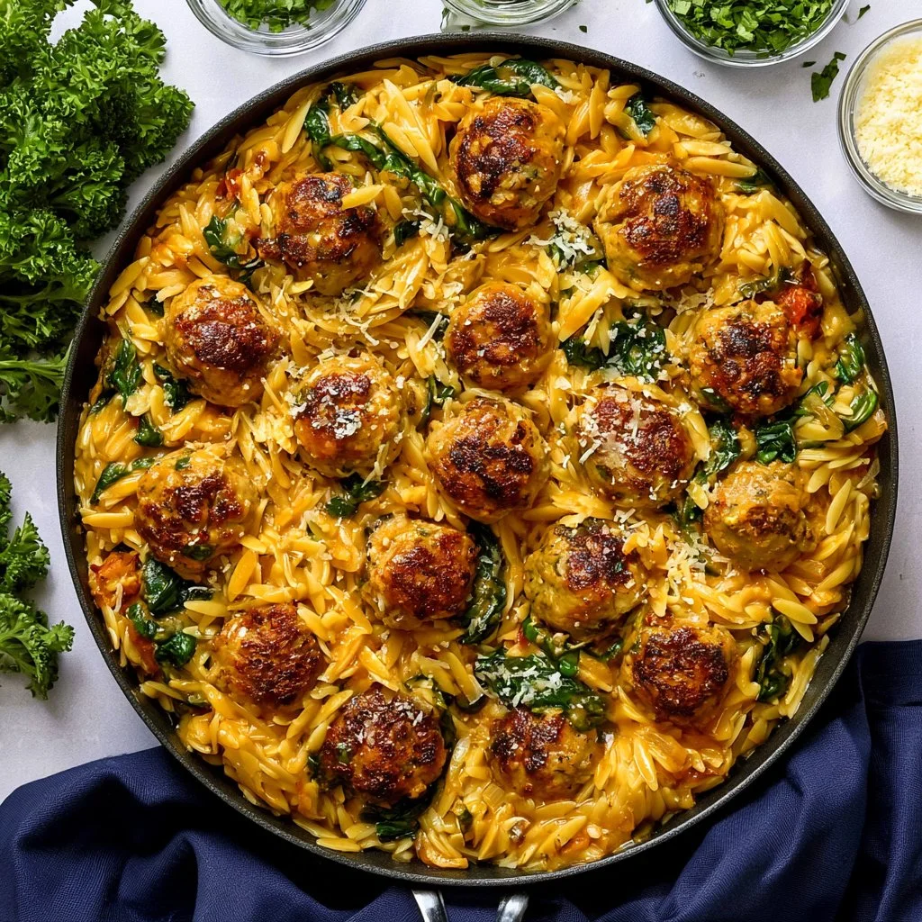One Pan Tuscan Chicken Meatballs served with orzo pasta in a flavorful sauce